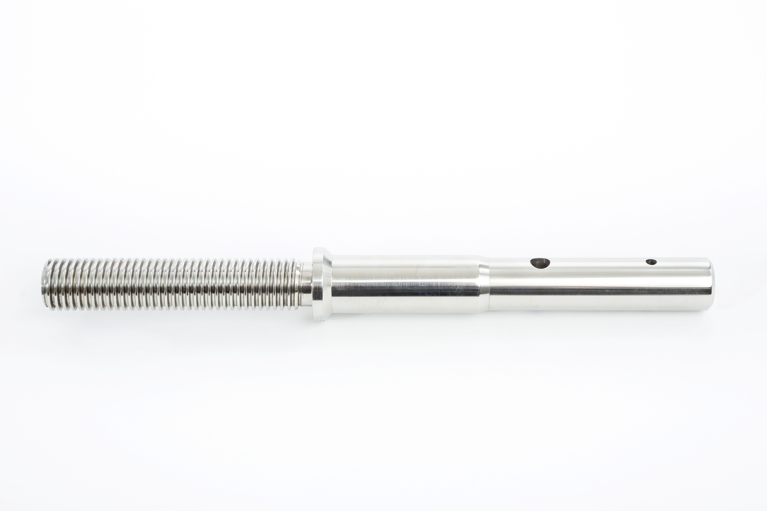 A precision-engineered metal shaft with a threaded section on one end and a smooth cylindrical section with drilled holes on the other, designed for industrial or mechanical applications.